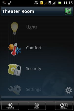 Вкладка Комфорт в главном меню URC Mobile App