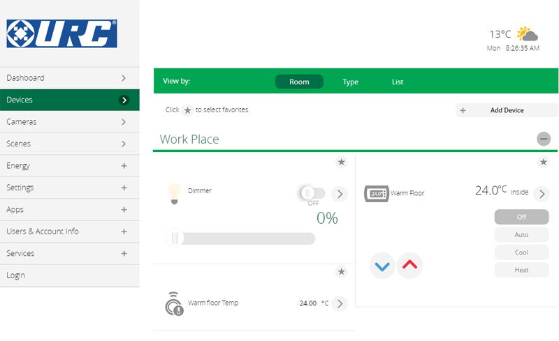 Термостат CH-210 в интерфейсе TRF-ZW2