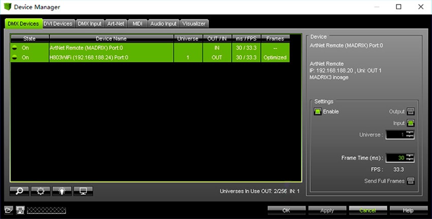 Подключенный WiFi SPI контроллер H803WiFi в интерфейсе ArtNet ПО Madrix