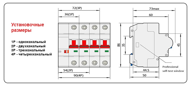 Установочные размеры WiFi выключателей-автоматов Tuya Smart Circuit Breaker