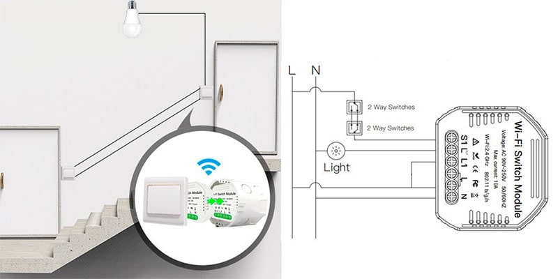 Проходное подключение 1-канального выключателя Tuya Smart QS-WIFI-S03 к электросети