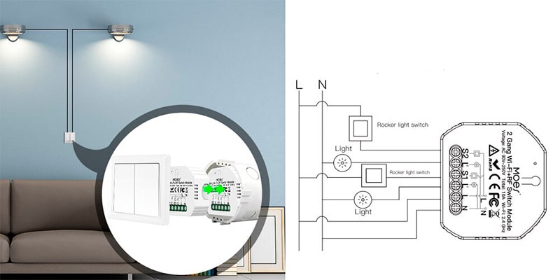 Подключение 2-канального выключателя Tuya Smart QS-WIFI-S03-2C к электросети Подключение 2-канального выключателя Tuya Smart QS-WIFI-S03-2C к электросети