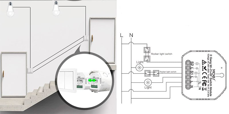 Проходное подключение 2-канального выключателя Tuya Smart QS-WIFI-S03-2C к электросети Проходное подключение 2-канального выключателя Tuya Smart QS-WIFI-S03-2C к электросети