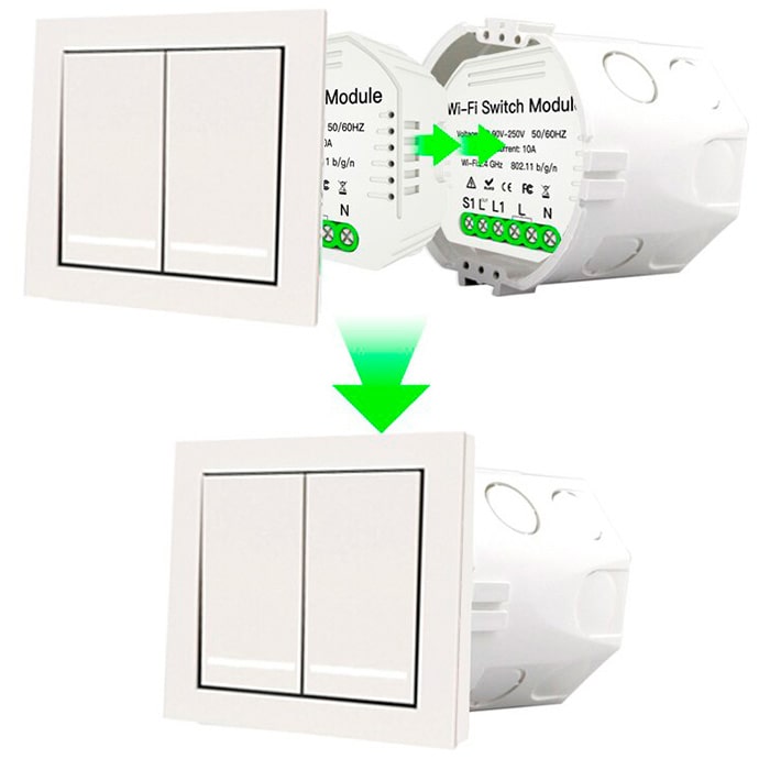 Монтаж встраиваемого 2-канального выключателя Tuya Smart QS-WIFI-S03-2C Монтаж встраиваемого 2-канального выключателя Tuya Smart QS-WIFI-S03-2C