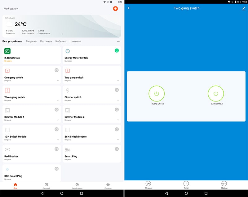 2 канальный Wi-Fi выключатель Tuya Smart WF-WS02 в приложении Tuya Smart®